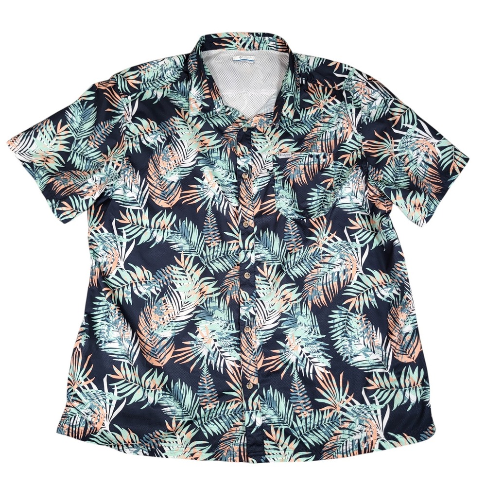 Columbia PFG Shirt Mens XXL Tamiami Tropical Palm Leaf Navy Blue Fishing Vented